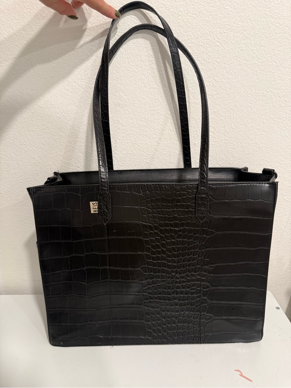 BEIS The Work Tote in Black Croc-Embossed Faux Leather